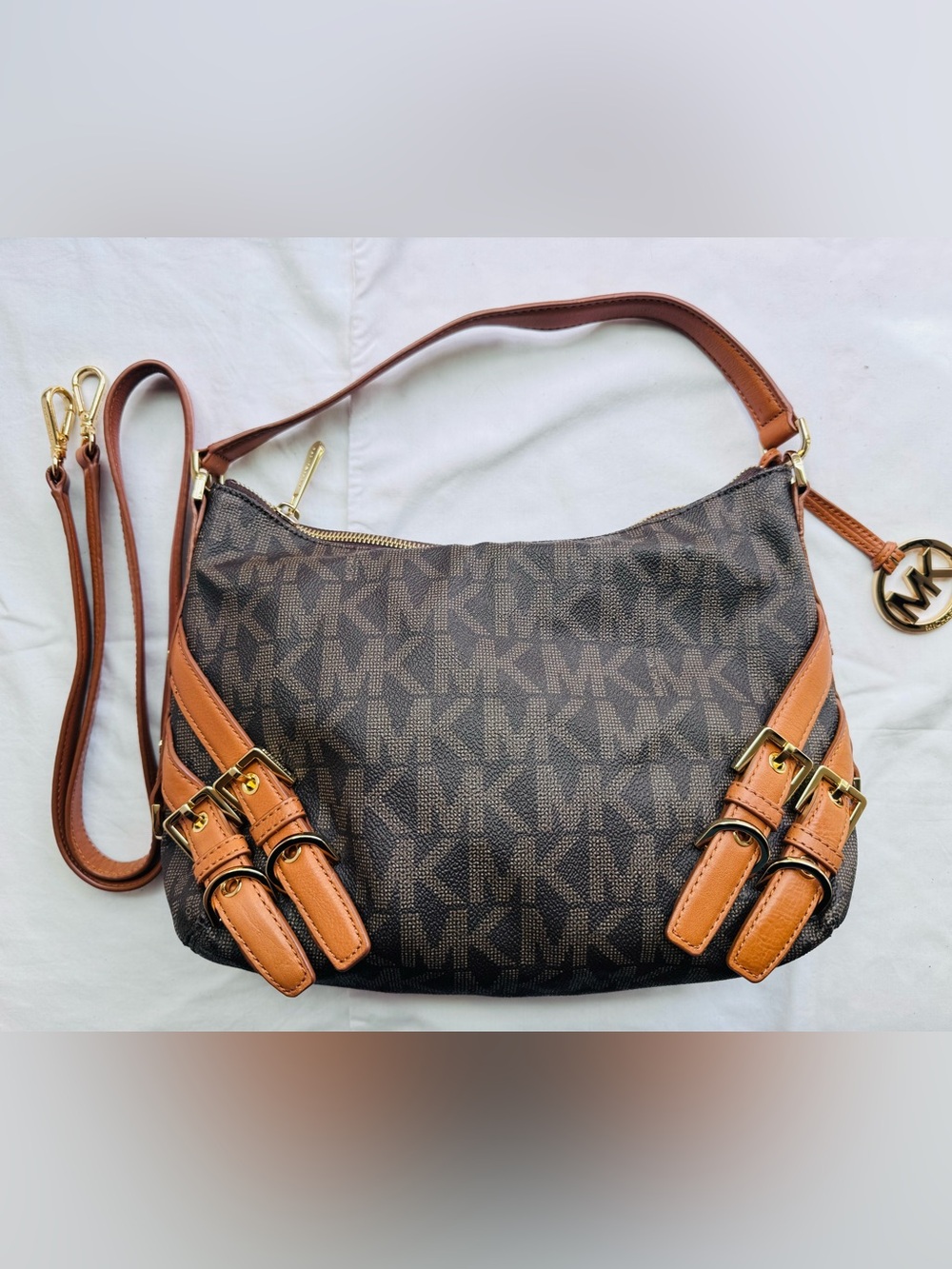 Michael Kors Brown MK Logo Hobo with Tan Leather Accents
